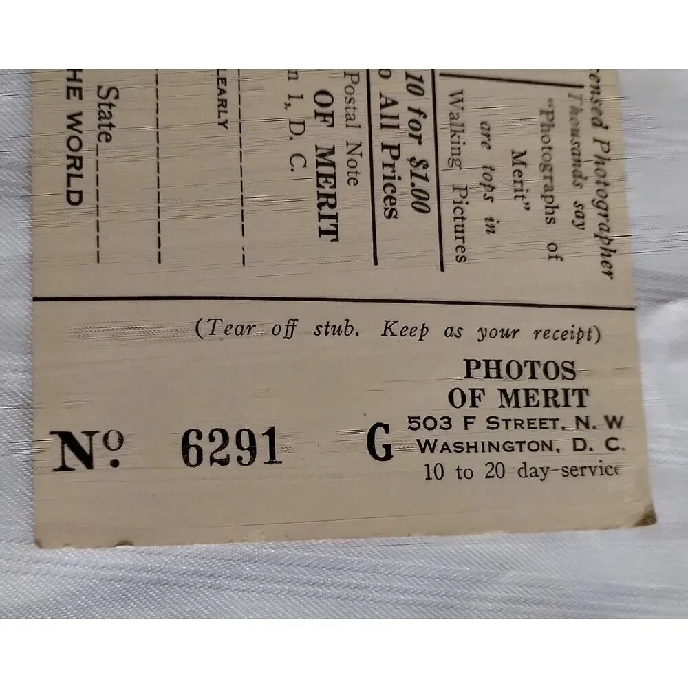 Vintage Walking Pictures Photography Receipt Photos of Merit Washington DC 6291